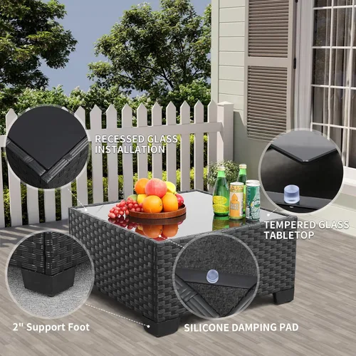 Miniatura 4 de Juego de 9 muebles seccionales de mimbre para exteriores para todo tipo de clima, mesa de patio seccional de vidrio, cojines antideslizantes y Caqui