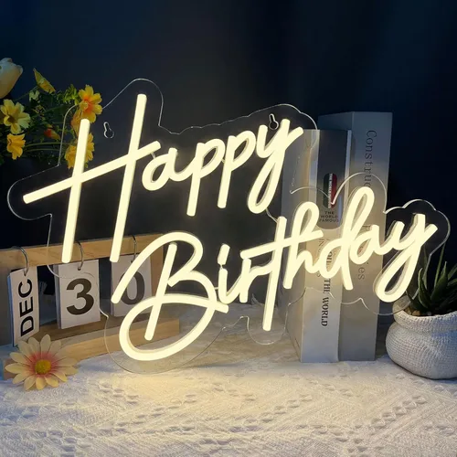 Letrero de neón de feliz cumpleaños para decoración de pared, luces LED de neón blancas cálidas de 17×12 pulgadas, letrero de luz de neón de feliz