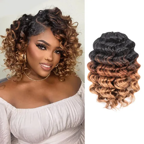 Miniatura 54 de Cabello de ganchillo con ondas oceánicas, 12 pulgadas, 8 paquetes de 3 tonos, cabello rizado de longitud media, rizado y ondulado profundo