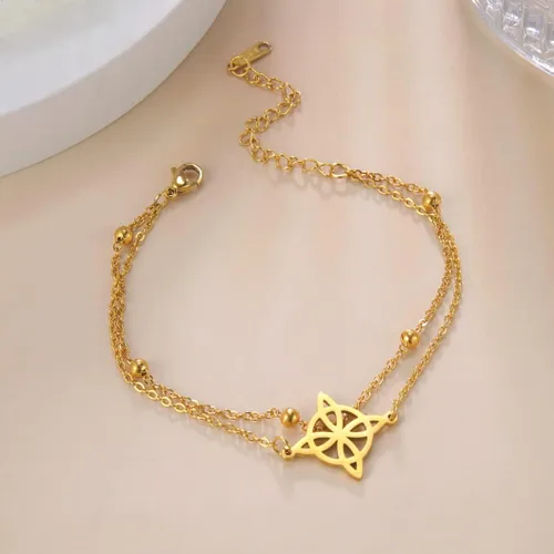 Miniatura 3 de Pulsera de nudo de brujas para mujer, de acero inoxidable, nudo celta con símbolo Wiccano, pulsera en capas, dije único, pulsera ajustable de doble