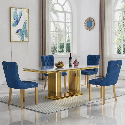 Miniatura 41 de HomVent Juego de mesa de comedor moderna de mármol sintético para 4 personas, mesa de cocina rectangular con 4 sillas beige (dorado)