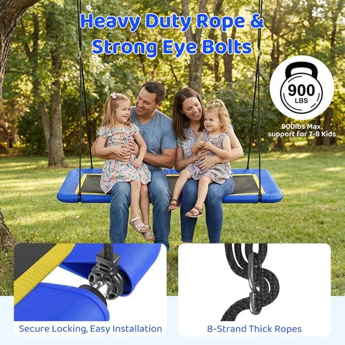 Miniatura 5 de Columpio de árbol de plataforma rectangular de 60 pulgadas para niños y adultos, columpio gigante con correa ajustable para colgar, tela de Azul 02