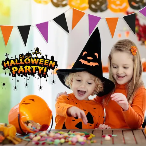 Miniatura 4 de Tatuo Banderín de Halloween de 656 pies, 20 unidades, bandera triangular, morado, naranja, negro, banderines de tela, banderines de tela para fiesta