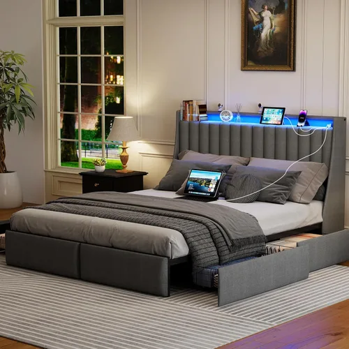 Miniatura 7 de SADENICEL Base de cama de tamaño completo con cabecera de almacenamiento y 4 cajones, plataforma de base de cama de metal completo con luz LED
