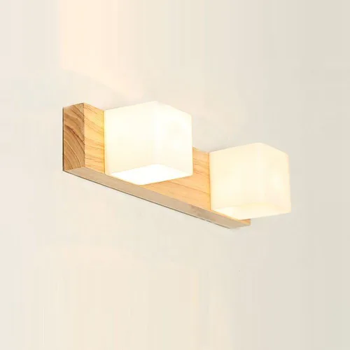 Miniatura 3 de Espejo de madera con cabeza giratoria frontal, aplique de pared con base de madera, cubo de vidrio blanco, pantalla de baño, lámpara de pared