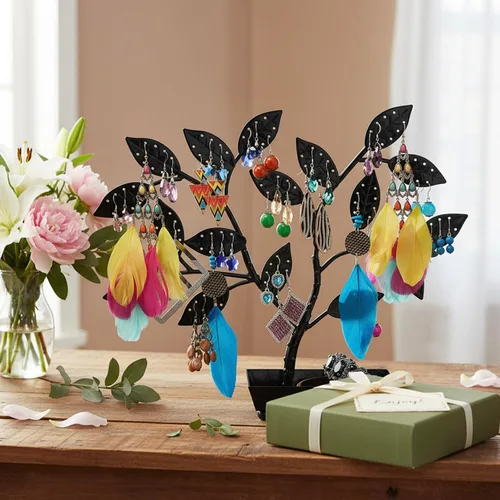 Miniatura 2 de MyGift - Árbol para colgar joyas, aretes y collares con charola para anillos., Metal, Negro, S