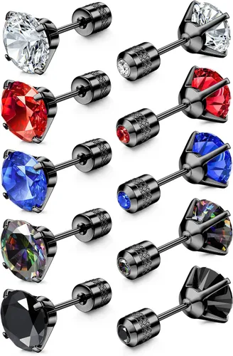 Miniatura 34 de CASSIECA 5 pares de aretes de acero inoxidable con circonita cúbica 5A arcoíris para mujeres y hombres, con diseño de arco iris 5A
