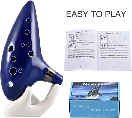 Miniatura 6 de Ocarina Piccolo de cerámica Alto C de 12 agujeros, regalo de instrumento musical para adultos principiantes con soporte de exhibición, libro de Azul