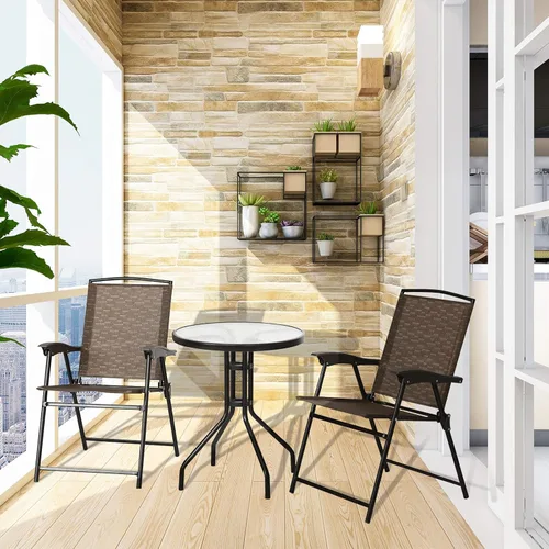 Miniatura 2 de KOTEK Juego de 3 muebles de exterior con mesa redonda y 2 sillas plegables, mesa de vidrio templado, mesa de bistró y sillas para balcón, porche