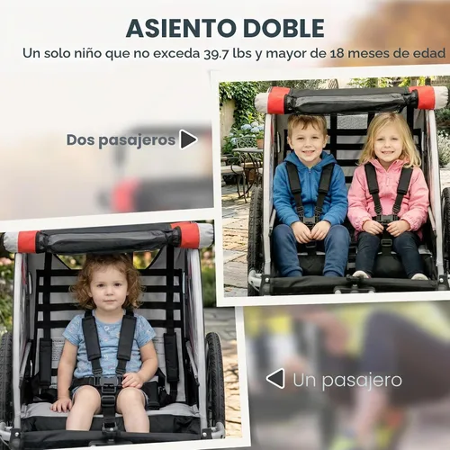 Miniatura 4 de Aosom Remolque de bicicleta de bebé 3 en 1 para niños, 2 plazas, cochecito de bicicleta de alta visibilidad para carro pequeño, accesorio de Rojo