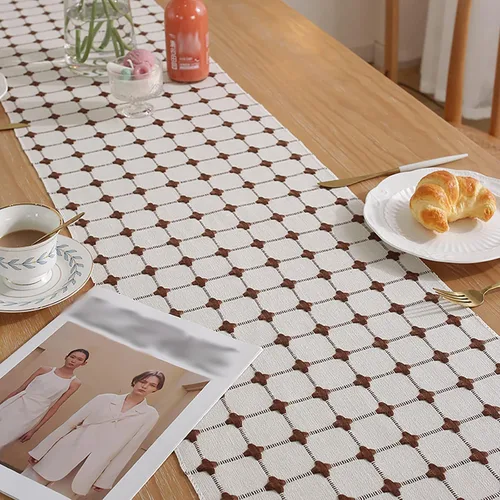 Miniatura 3 de Hsvanyr Centros de mesa rústicos con borlas rectangulares bordadas para cocina, 13 x 63 pulgadas, mantel blanco con cuadros de búfalo marrón café