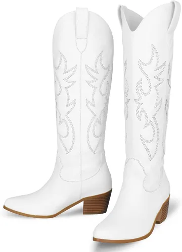 Miniatura 3 de STALOV Botas vaqueras para mujer, botas de tacón grueso hasta la rodilla, botas vaqueras con punta occidental, botas bordadas de gamuza