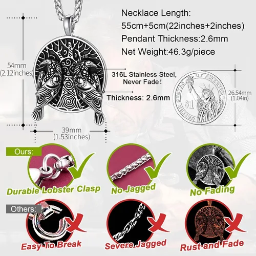 Miniatura 5 de FaithHeart Collar de cuervo vikingo nórdico para hombres y mujeres, joyería de cuervo celta vintage, se puede grabar, Acero inoxidable, Circonia