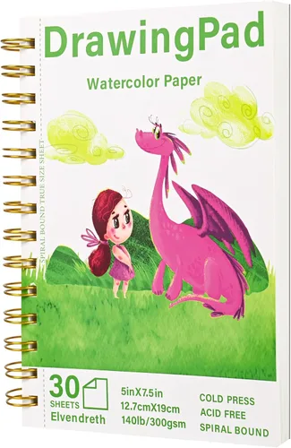 Almohadilla de papel para dibujo Elvendreth, 5x7.5 pulgadas, papel de acuarela de 140 lb/300 gsm sin traspaso, encuadernado en espiral/línea de