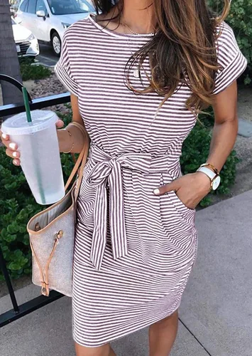 Miniatura 2 de MEROKEETY - Vestido de verano con manga corta, a rayas, casual, estilo camiseta, con lazo en la cintura y bolsillos, para mujer