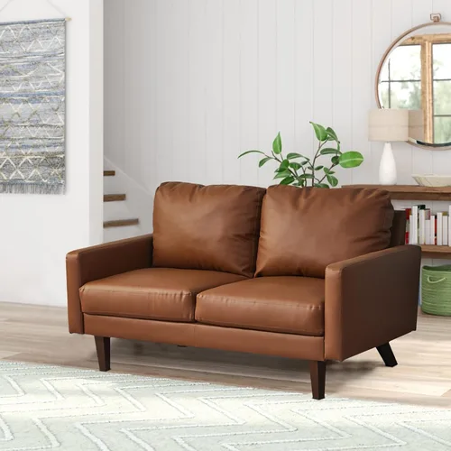 Miniatura 6 de INSTORY Sofá de dos plazas de cuero cómodo sofá moderno con patas de madera para sala de estar, oficina - marrón