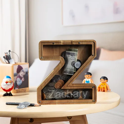 Miniatura 4 de Alcancía con nombre personalizado, 26 letras láser con texto personalizado, banco de monedas de madera, significado educativo, alcancía con nombre