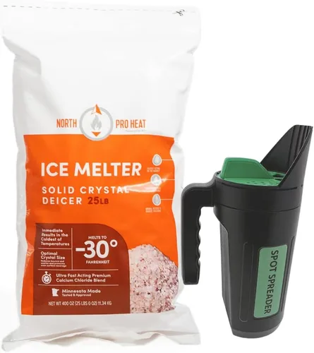 Pro Heat Plus - Mezcla negativa de cloruro de calcio de 30 grados, bolsa resellable de 25 libras + esparcidor de manchas, descongelante de acción