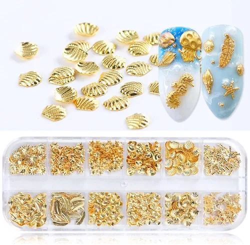 Miniatura 7 de Calcomanías de metal 3D para uñas, 12 formas, purpurina holográfica y lentejuelas, kit de suministros de arte dorado, caballito de mar, hojas