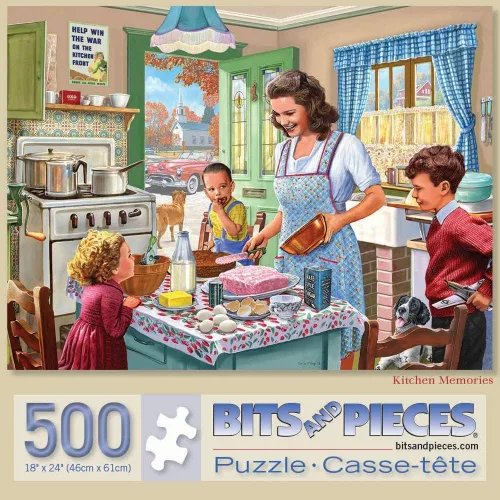 Bits and Pieces Rompecabezas grande de 500 piezas para adultos - Rompecabezas clásico de los años 50 'Kitchen Memories' por el artista Steve Crisp,