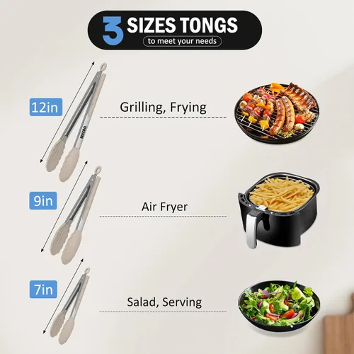 Miniatura 2 de Pinzas de cocina, pinzas de cocina de acero inoxidable con puntas de silicona, pinzas de bloqueo de alta resistencia al calor de 600 ºF para cocinar
