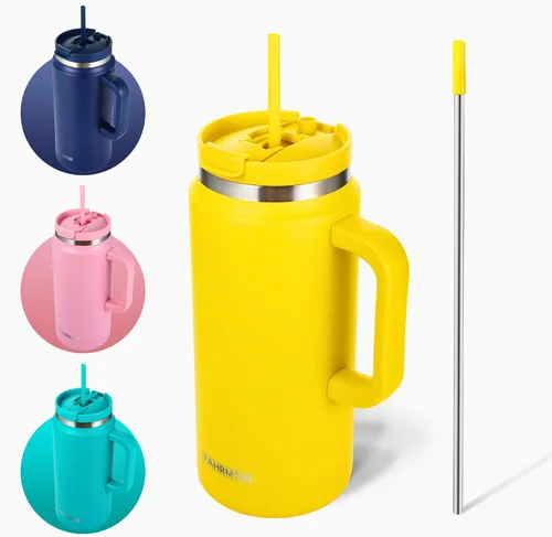 Miniatura 9 de FAHRMOSIS Vaso de 40 onzas con asa y pajita, taza aislada que cabe en el portavasos para bebidas frías y calientes, vaso a prueba de fugas