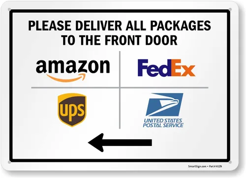 SmartSign Letrero de metal con texto en inglés "Please Deliver All Packages to The Front Door" de 10 x 14 pulgadas, con flecha izquierda y Letrero