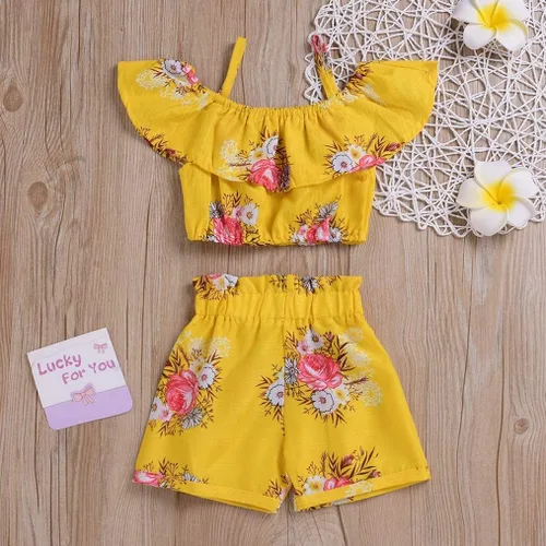 Miniatura 3 de Conjunto de ropa de verano con cuello halter floral y tirantes amarillos y pantalones cortos
