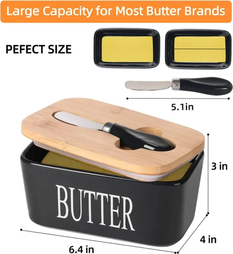 Miniatura 7 de Mantequillera de cerámica con tapa de madera, contenedor grande de mantequilla con esparcidor de cuchillo de acero inoxidable, cubierta de bambú