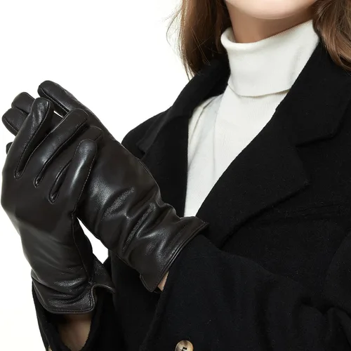 ZLUXURQ Guantes de cuero suave italiano de lujo para mujer, guantes de piel de oveja genuina para mujer, guantes de clima frío con forro de cachemira