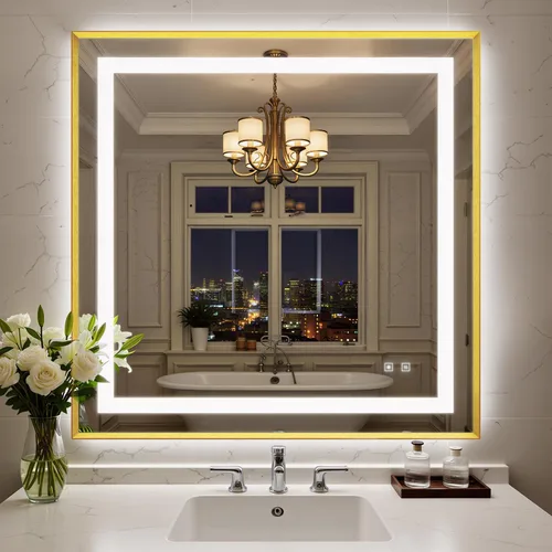 Miniatura 42 de Espejo de baño LED de 24 x 32 pulgadas con luces, espejo de tocador de baño con marco negro con luz frontal + retroiluminación para pared, vidrio