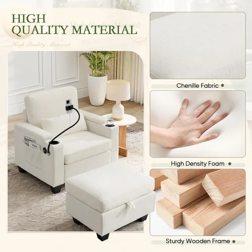 Miniatura 6 de Chaise Lounge Chair para interiores con puerto USB y soporte para teléfono, sillón reclinable pequeño de felpilla con otomana de almacenamiento