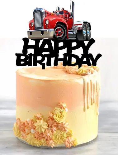 Miniatura 4 de Decoración de pastel de camión pesado, suministros de fiesta temática de transporte de acrílico negro, decoración de pastel de feliz cumpleaños