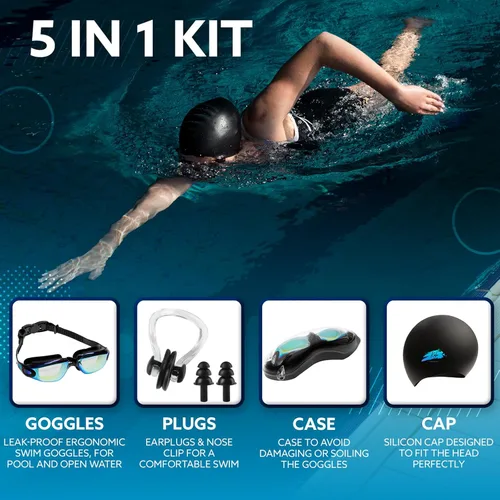 Miniatura 2 de KALA - Gafas de natación antivaho para adultos, gorro de natación y clip para la nariz incluidos, gafas de natación polarizadas UV, gafas