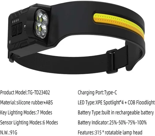 Miniatura 5 de Linterna frontal recargable: faro LED con un haz ancho de 230° y cabezal de lámpara giratorio de 315° con 7 modos de iluminación con un sensor