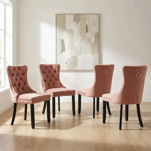 Miniatura 81 de OVENTA Juego de 4 sillas de comedor modernas tapizadas copetudas, terciopelo negro y gris y cuero con patas de madera maciza, sillas de cocina