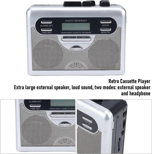 Miniatura 3 de Bewinner Reproductor de cassette AM FM Radio, grabadora de cinta de casete retro con temporizador de reloj digital, altavoz integrado y conector