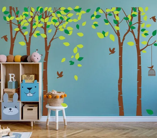 Miniatura 3 de luckkyy Calcomanía para pared, Gran Familia de cinco Árboles con pájaros y jaulas, para habitación familiar, arte decoración.