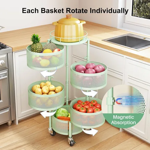 Miniatura 3 de SAYZH Cesta de frutas y verduras para cocina, estante de almacenamiento giratorio, carrito rodante de 5 niveles con tapa superior, ruedas de alambre