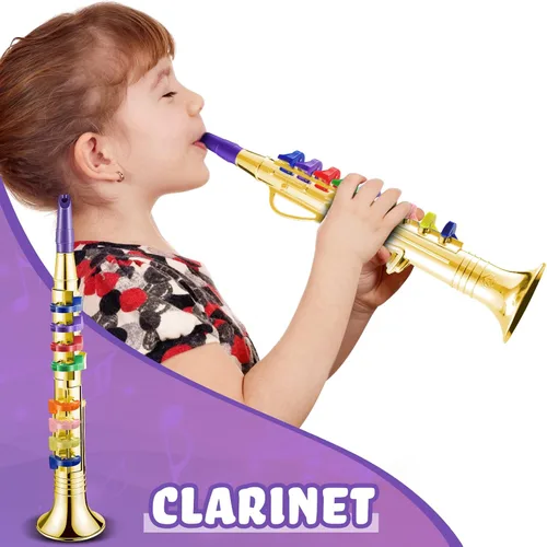 Miniatura 6 de Amylove Juego de 2 juguetes de saxofón y clarinete para niños pequeños, instrumentos de plástico, juguete musical falso, portátil, juguetes