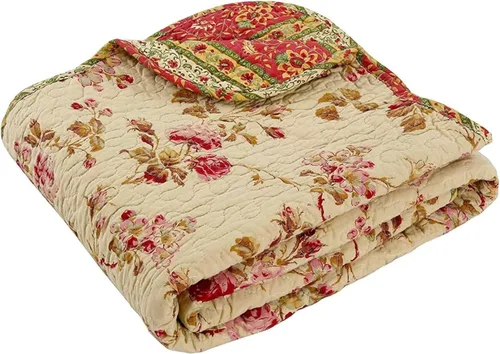 Rose Garden - Manta reversible de algodón acolchado festoneado vintage con estampado floral, color rosa y caqui, 60 x 50 pulgadas Rosa Vintage