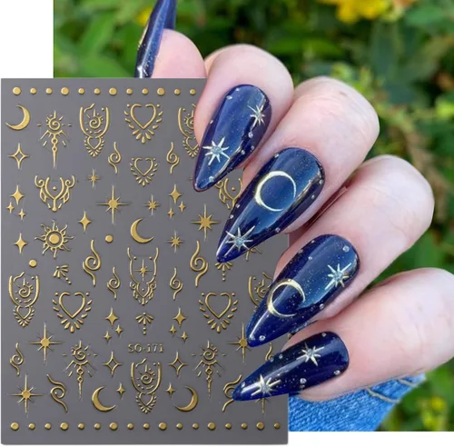 Miniatura 3 de Calcomanías de uñas de estrella de luna, calcomanías de arte autoadhesivas 3D, calcomanías de diseño de estrellas y sol, suministros de oro láser