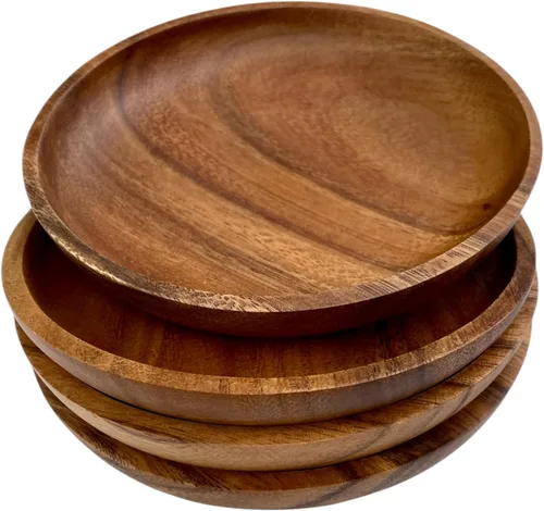 Miniatura 4 de Juego de 4 platos de madera de acacia, redondos de 6 pulgadas, postre de madera maciza de 1 pulgada de grosor, platos laterales y aperitivos