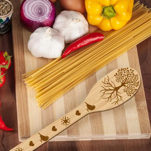 Miniatura 6 de GLOBLELAND Juego de 6 cucharas de madera del árbol de la vida, juego de utensilios de cocina de bambú para mujeres y hombres, juego de espátulas