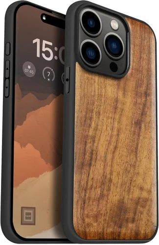 Miniatura 19 de Carveit Funda magnética de madera para iPhone 15 Pro, compatible con cargadores inalámbricos MagSafe, funda de TPU suave negro a prueba de golpes
