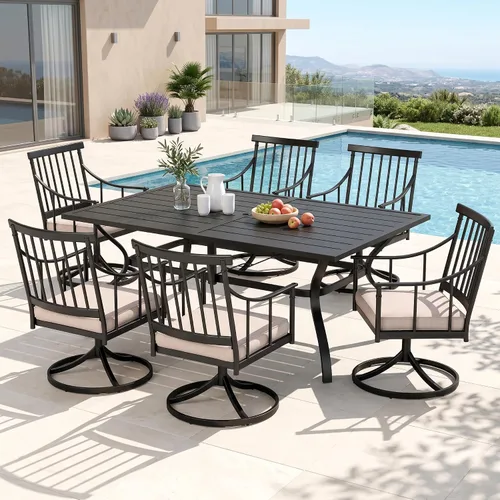 Miniatura 10 de PHI VILLA Juego de comedor al aire libre de 7 piezas con cojín, mesa de comedor rectangular de metal de 60 pulgadas con agujero para sombrilla y 6