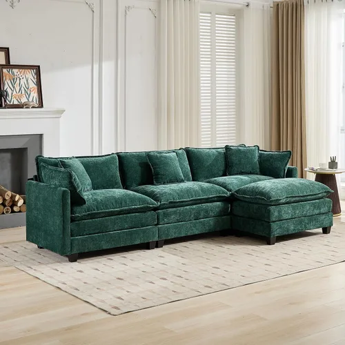 Miniatura 4 de Sofá seccional modular verde de 111.5", sofás seccionales grandes de 3 plazas para sala de estar, sofá nube oversized de tela chenille con otomana