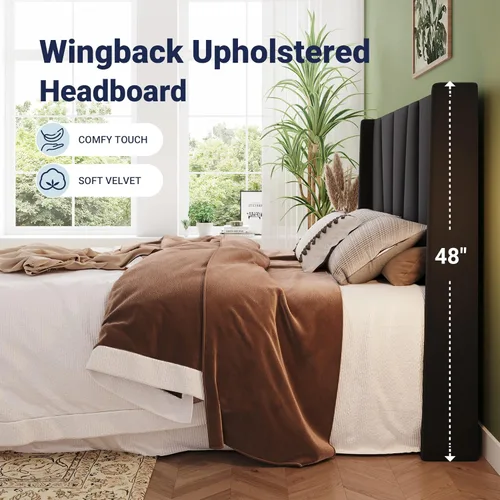 Miniatura 4 de Allewie Marco de Cama de Plataforma de Terciopelo Tamaño Queen con Cabecera Wingback Geométrica, Cama Tapizada Boho con Soporte de Listones de Negro