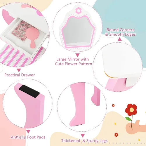 Miniatura 3 de HONEY JOY Tocador para Niños, Mesa de Maquillaje para Niños Pequeños con Espejo y Taburete, Tocador de Madera de Juego de Simulación para Niñas