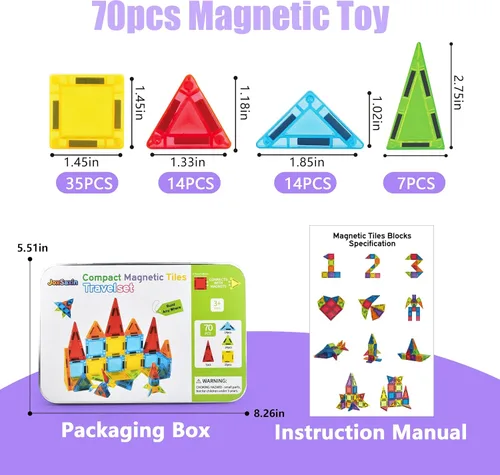 Miniatura 2 de Mini azulejos magnéticos, juego de 70 azulejos magnéticos de viaje con caja de hierro, bloques de construcción magnéticos portátiles para niños de 3